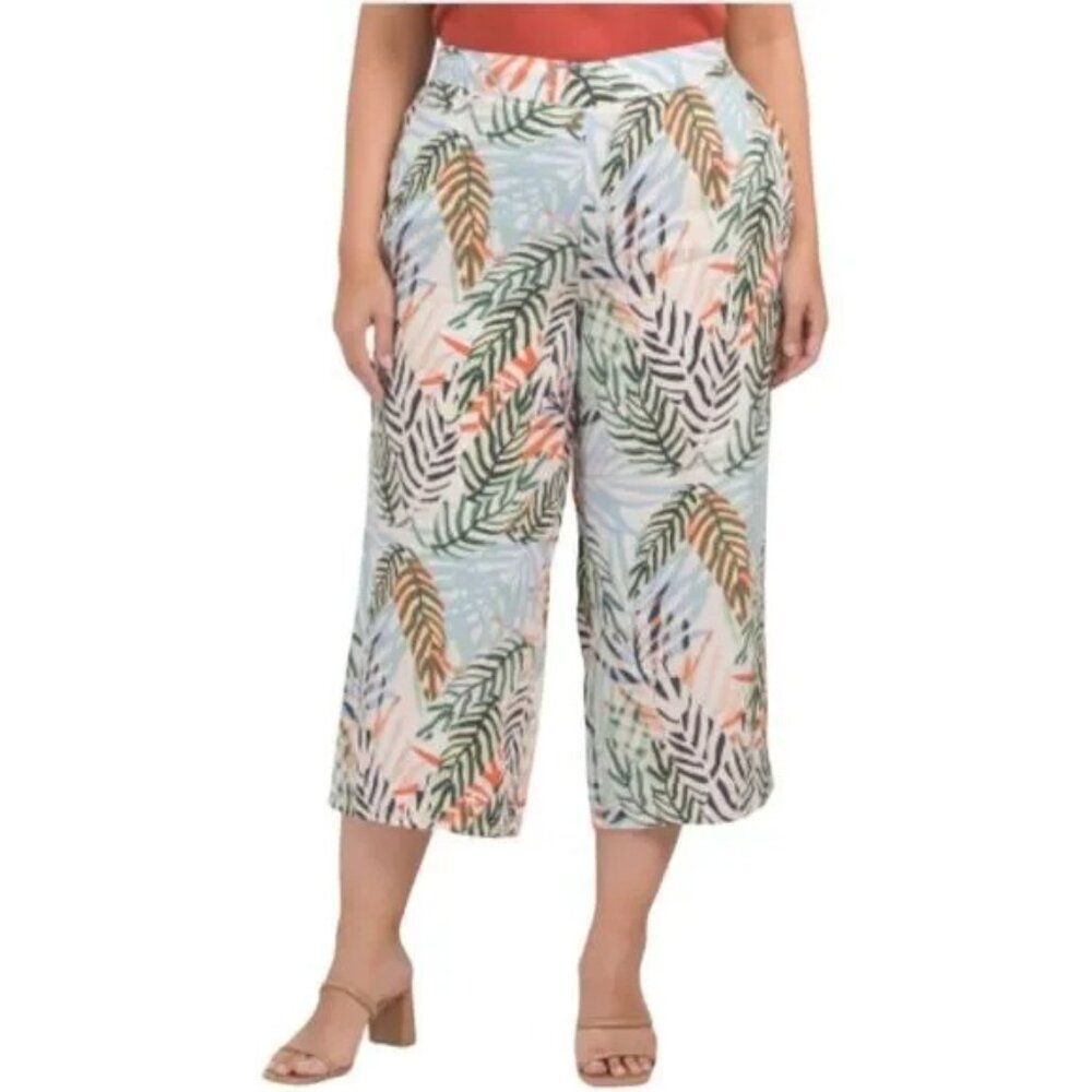 TAHARI Tropical Palm 100% Linen Angled Pocket Cropped Pull On Pants Sz 1X